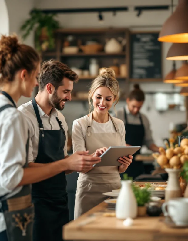 Restaurangpersonal tittar på en surfplatta